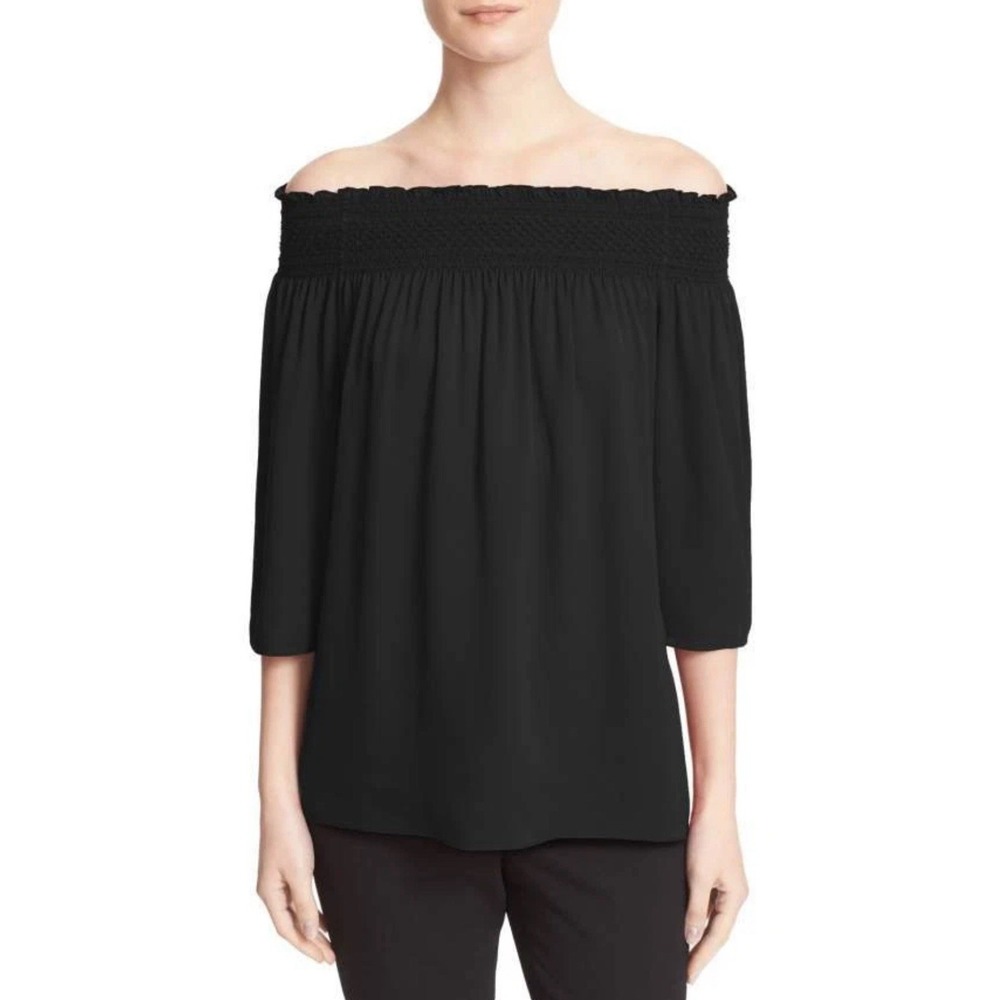 THEORY Women's Elistaire Black Smocked Silk‎ Off the Shoulder Blouse Small $295